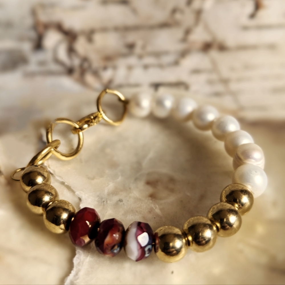 Bright Red And Gold Beads In Assymetrical Freshwater Pearl Bracelet  